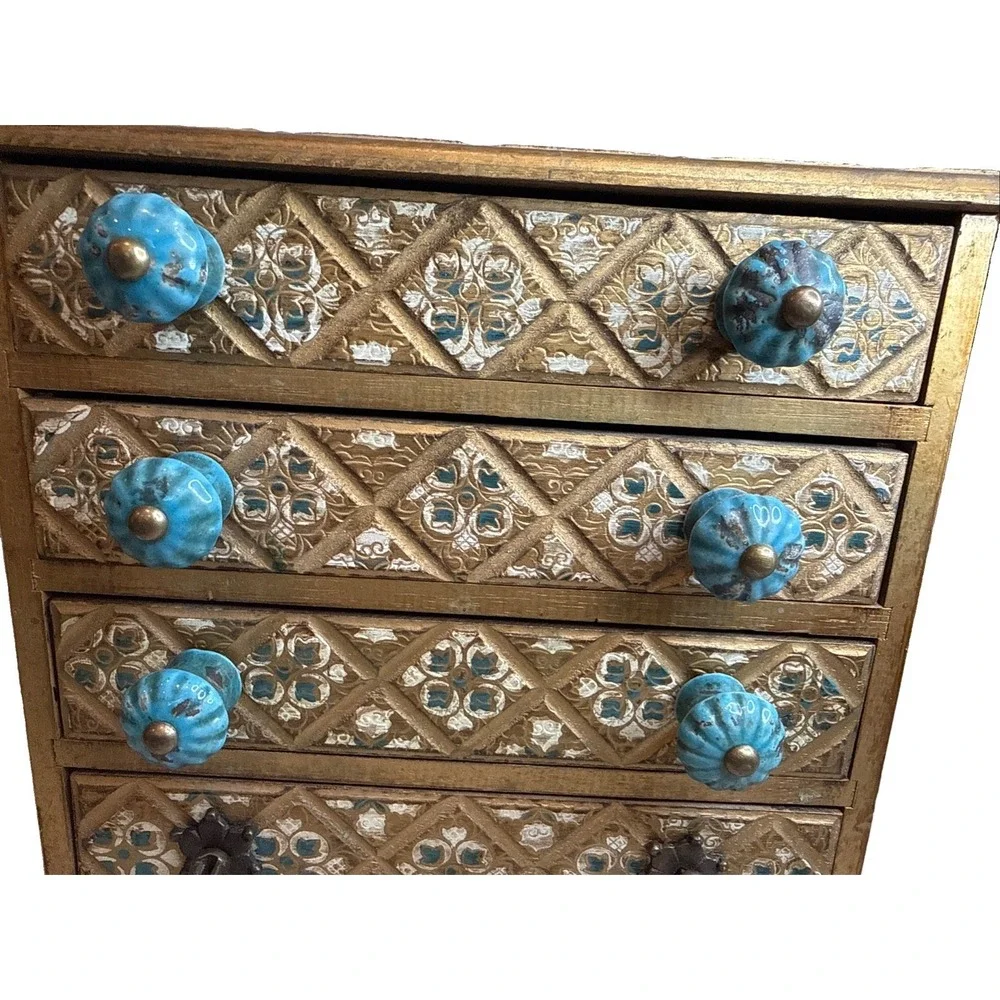 VTG Florentine Style Wooden Jewelry chest 4 Drawer Design Estate Ceramic Knobs